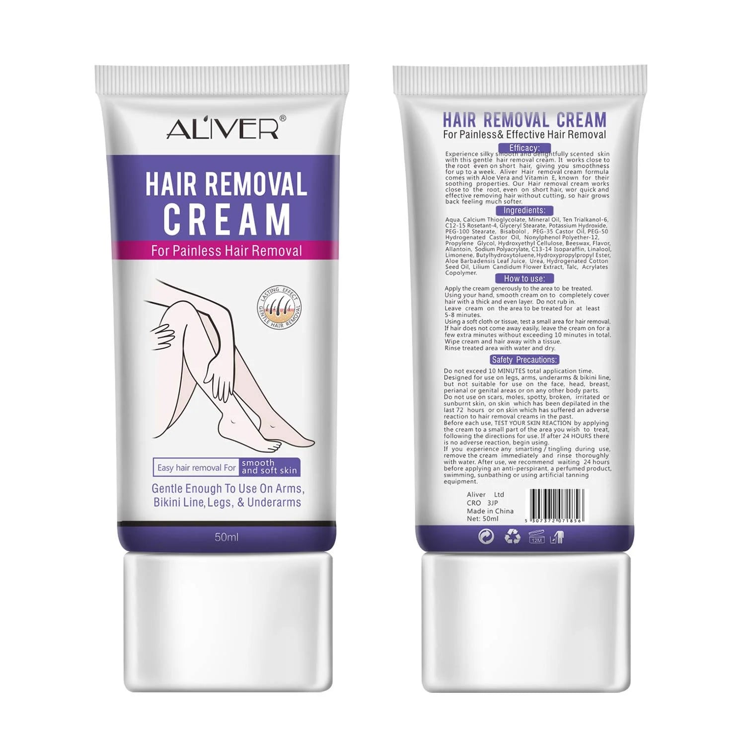 Aliver Hair Removal Cream for Underarms, Intimate Areas, Arms & Legs, Moisturizing with Aloe Vera, 1.76 Oz