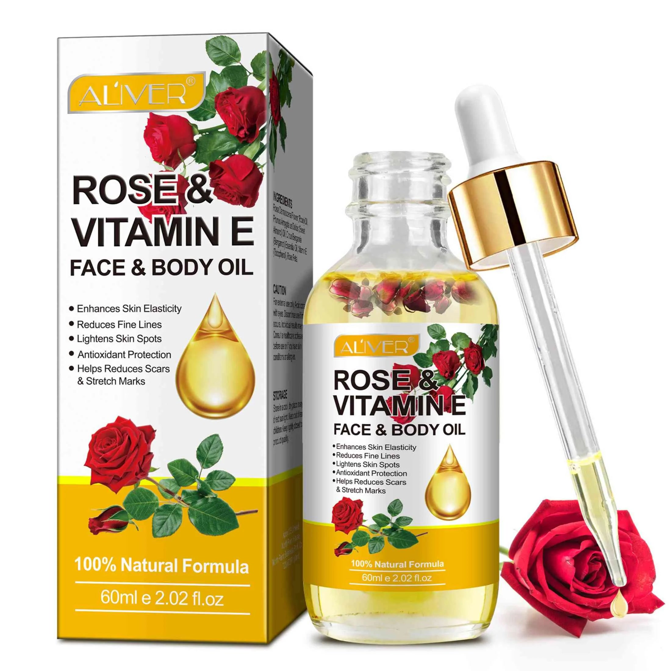 Aliver Rose & Vitamin E Oil for Face, 100% Pure and Natural , for Skin Moisturizing, Anti-Aging, Reduce Pigmentation, 2.02 Fl Oz