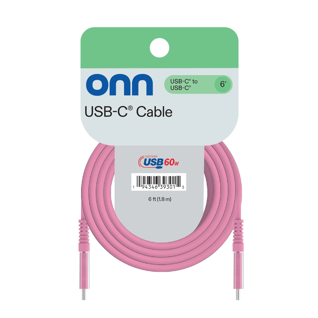 Onn 6Ft USB-C to USB-C Charging Cable, Fast Charging, USB-IF Certified, Pink - Compatible with Iphone 16 Series, Iphone 15 Series, Samsung Galaxy, Note, Pixel Devices Ipad Pro, & More