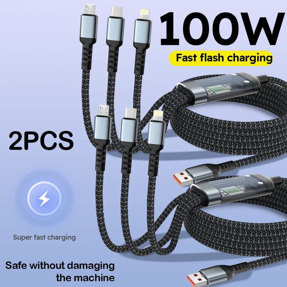 Firsting 4FT 100W 3-In-1 USB Charger Cord Phone Charging Cable Fast Charging Data Cable 2PCS Black