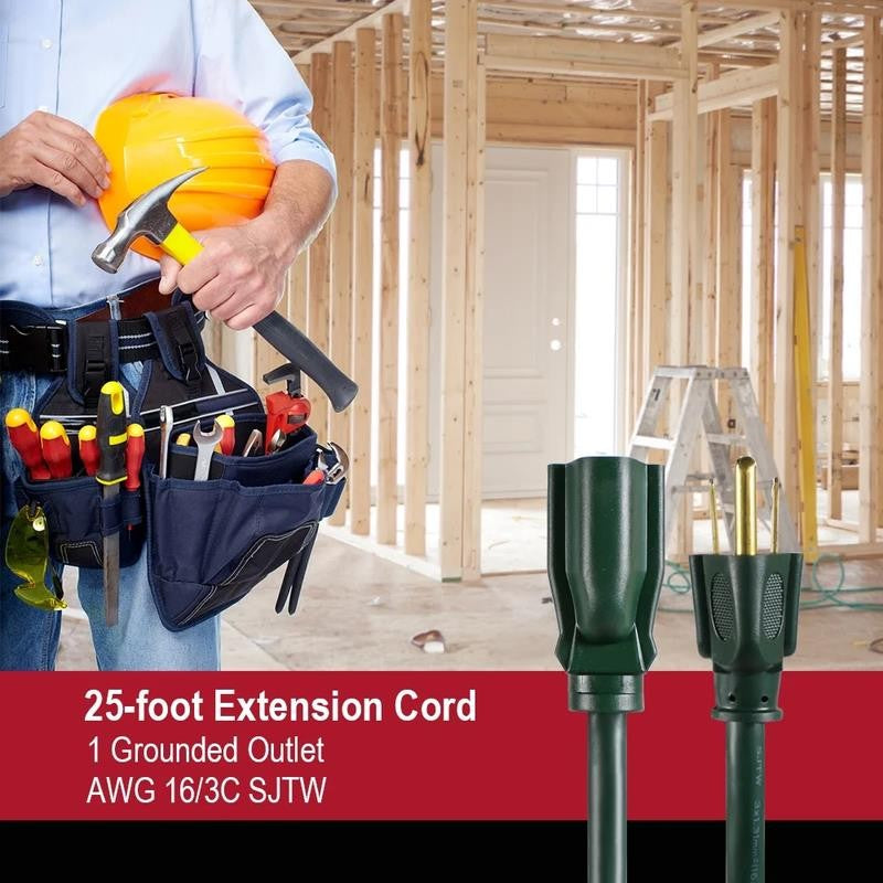 25FT 16AWG 3 Prong Green Single Outlet Outdoor Extension Cord