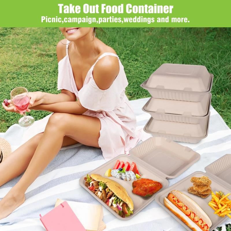100Pack Compostable Take Out Container 10X10, Disposable to Go Food Boxes with 3