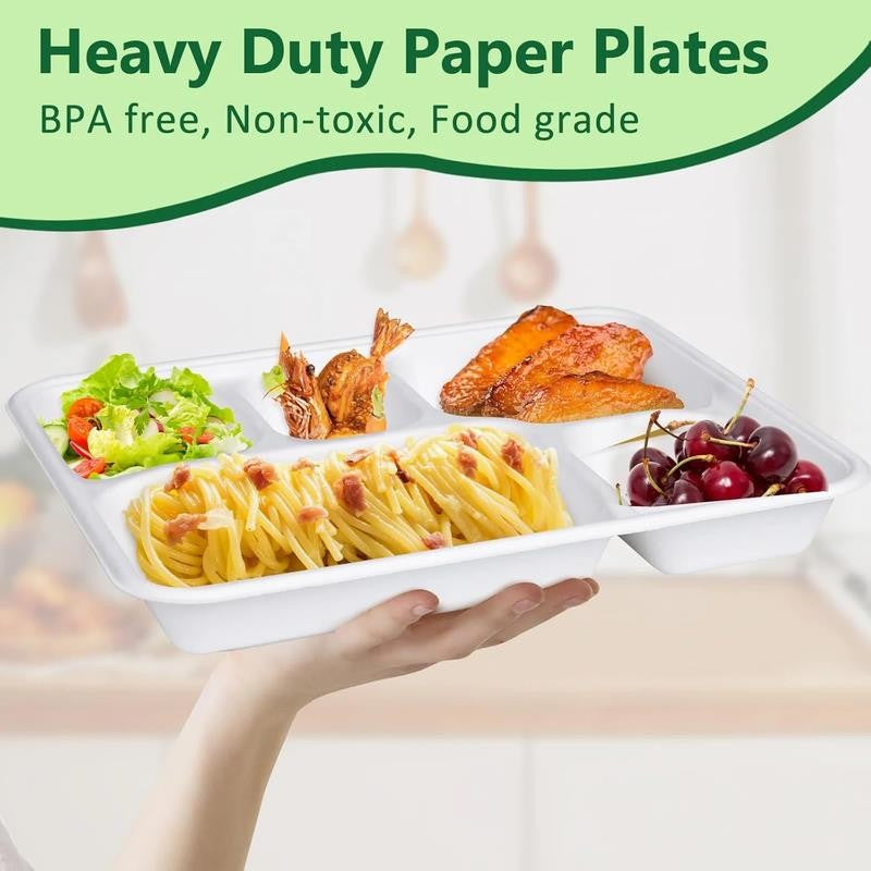 100 Pack Disposable Compartment Paper Plates, 100% Compostable 5 Compartment Pla