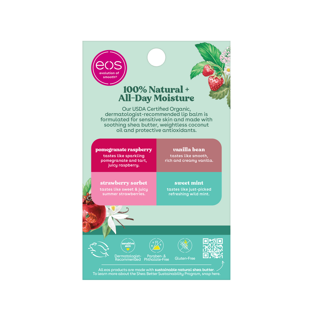 Eos 100% Nautral & Organic Lip Balm- Strawberry, Mint, Pomegranate, Vanilla - 4-Pack, 0.14 Oz