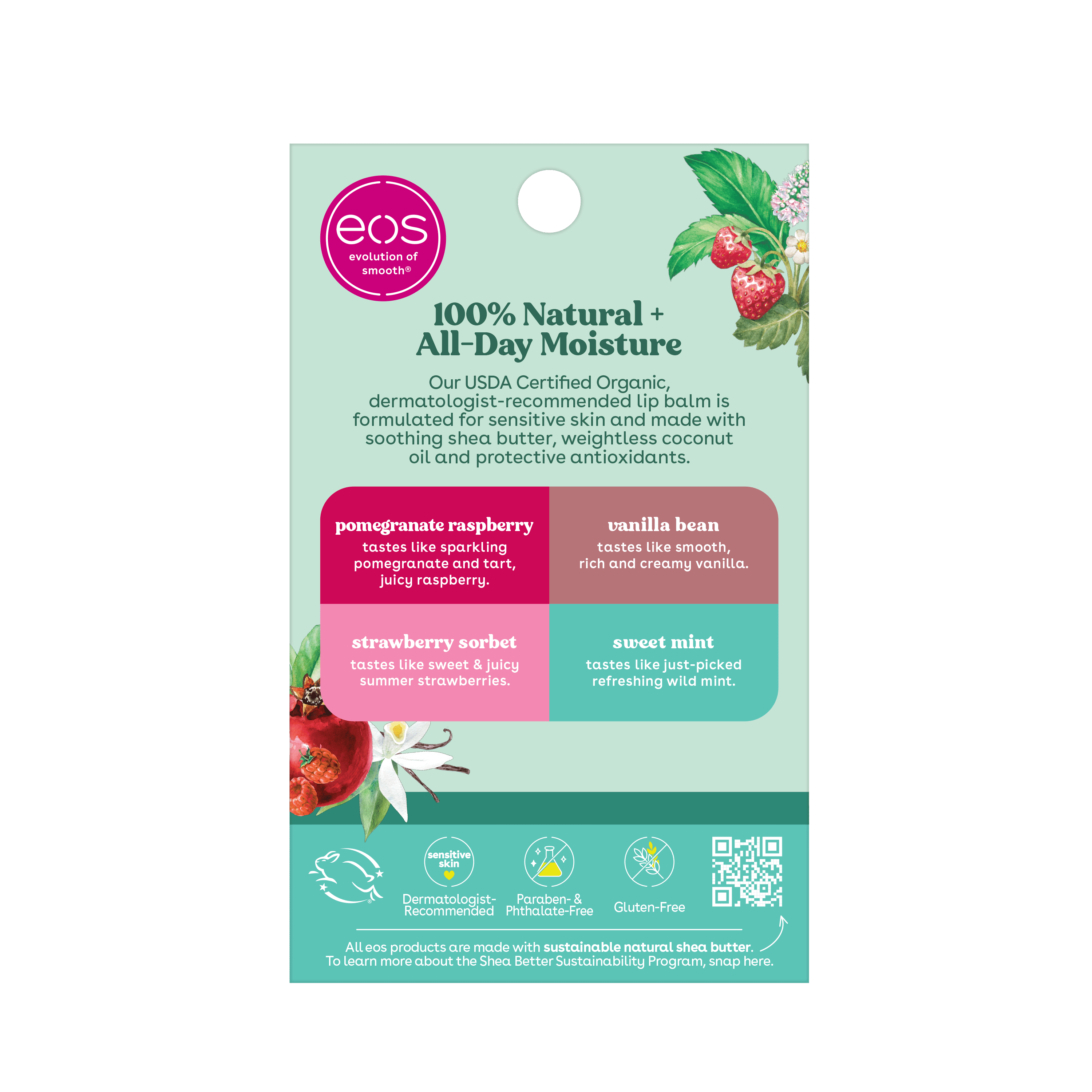 Eos 100% Nautral & Organic Lip Balm- Strawberry, Mint, Pomegranate, Vanilla - 4-Pack, 0.14 Oz
