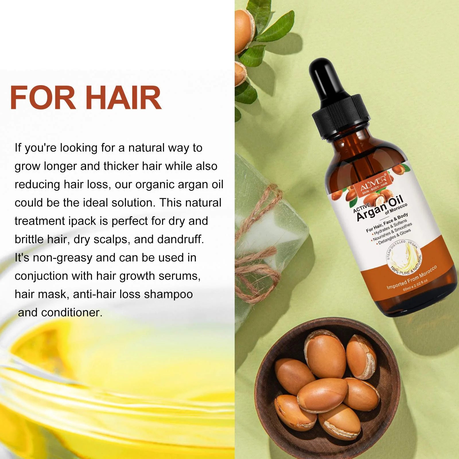 Argan Oil for Hair, Face & Skin from Morocco, Deep Hydration, Nourishes & Smoothes, 100% Pure & Natural, Cold Pressed, Cruelty Free, 2.02 Fl Oz