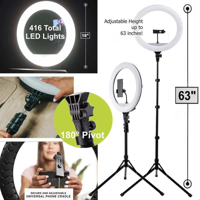18-Inch LED Ring Light, Adjustable 63-Inch Tripod Stand, with Phone Stand and Wi
