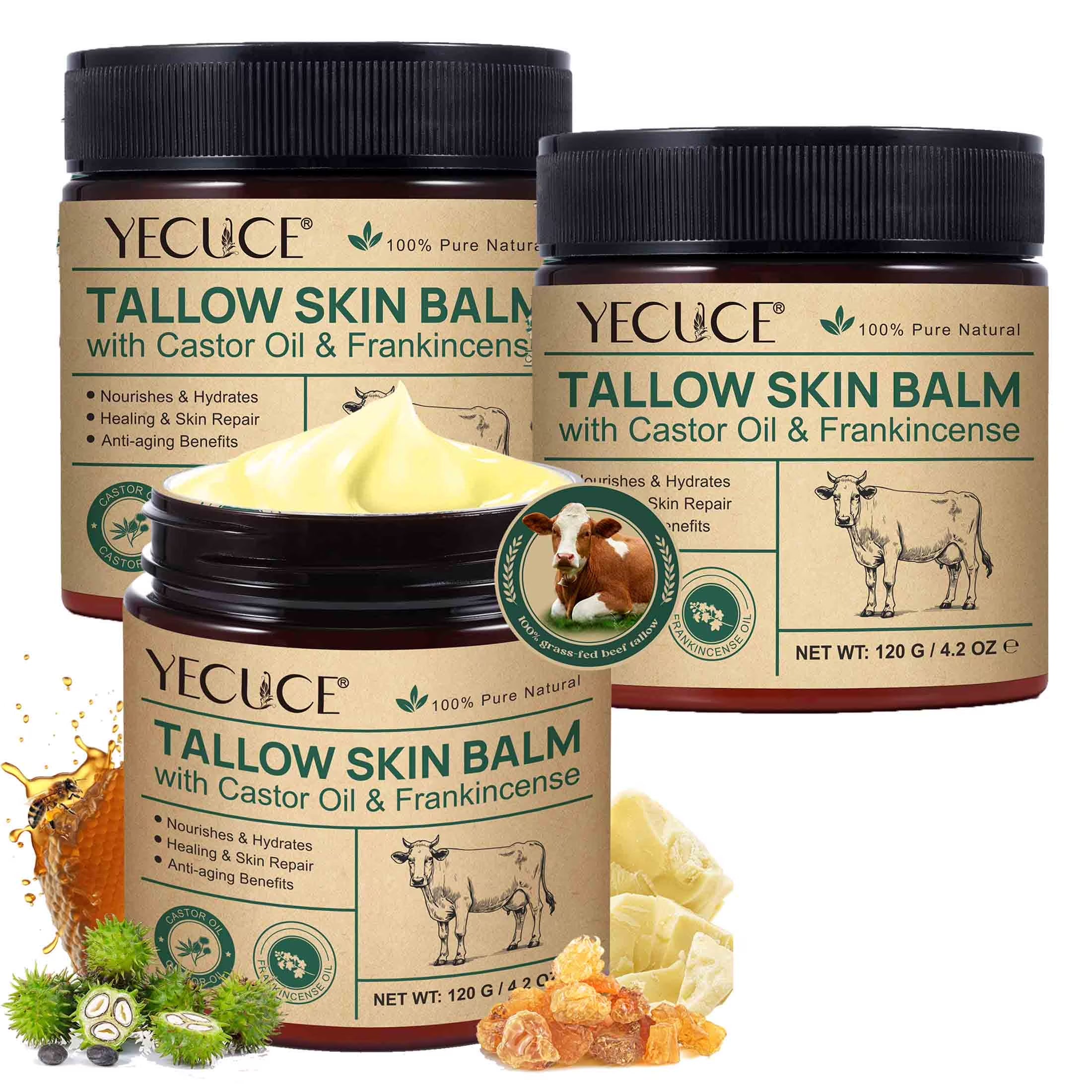 3Pack Tallow + Castor + Frankincense Skin Balm, 100% Pure Natural Deeply Nourishes & Hydrates, for Face, Body, for All Skin Types