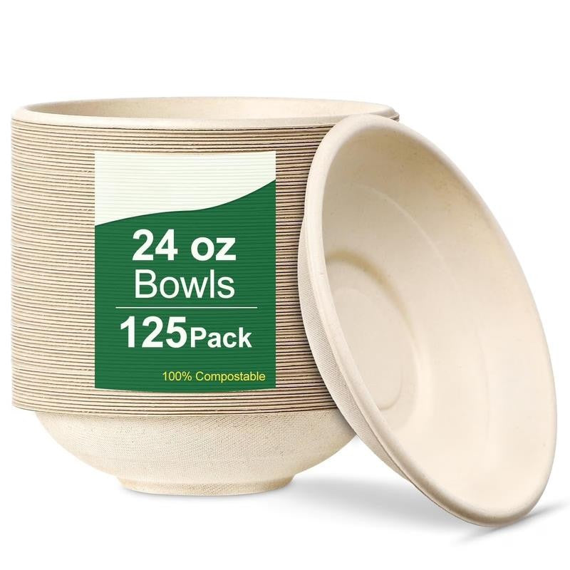 24 OZ Compostable Paper Bowls Heavy-Duty Bulk, 125 Pack Natural Sugarcane Fibers
