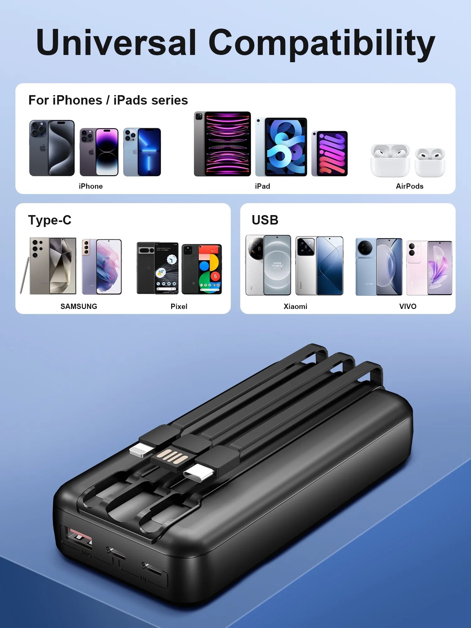 49800Mah Power Bank Portable Charger with Built in Cables,4 Outputs 3 Inputs 22.5W Fast Charging with LED Display Battery Pack Compatible for Iphone Charger-Camping,Hiking,Travel Essentials(Black)