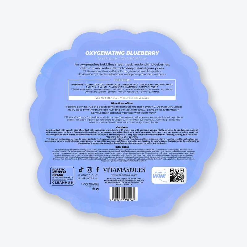Blueberry Oxygenating Bubble Face Mask, Pore Cleanse and Detox, One Sheet Mask