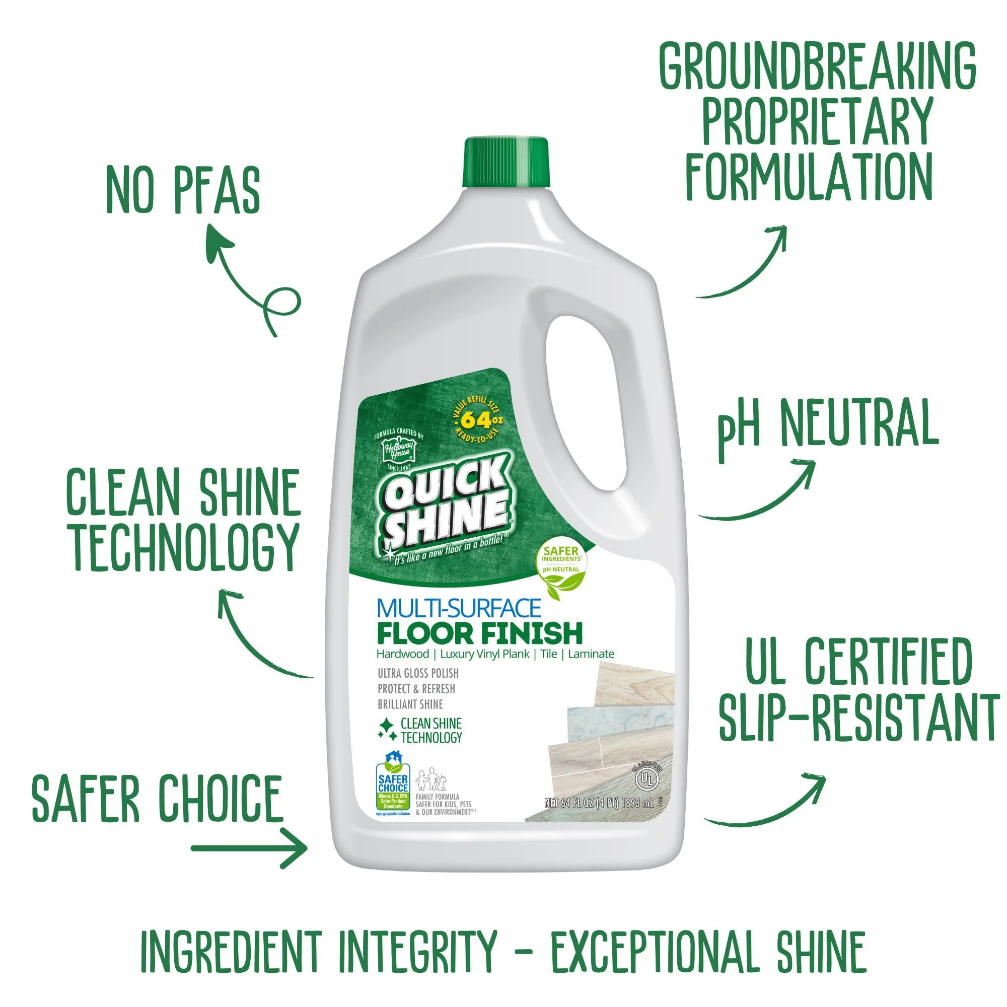 Quick Shine Multi-Surface Floor Finish, Pfas-Free Formula, All Purpose Household Floor Polish, 64 Oz