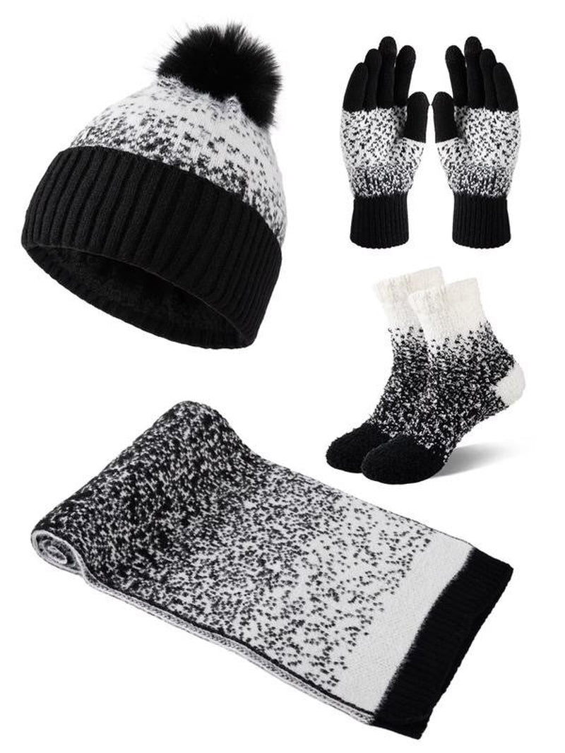 4 Pcs Women Winter Hat Scarf Gloves Socks Set Knitted Beanie Cap Touchscreen Glo