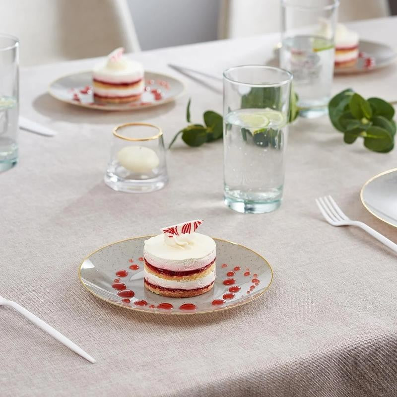 Elegant Plastic Dinner Plates Granite Gray Gold Rim Plastic Silverware, 32 Pack