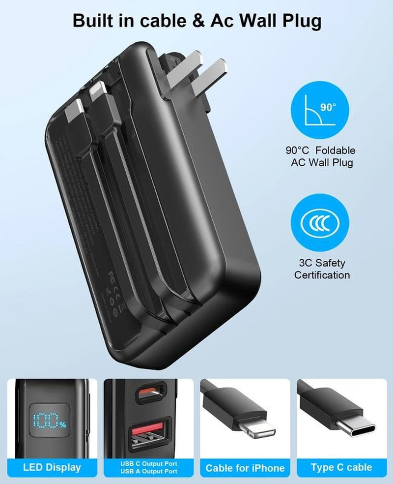 38800Mah Portable Charger Power Bank with Built-In Cable and AC Wall Plug,22.5W
