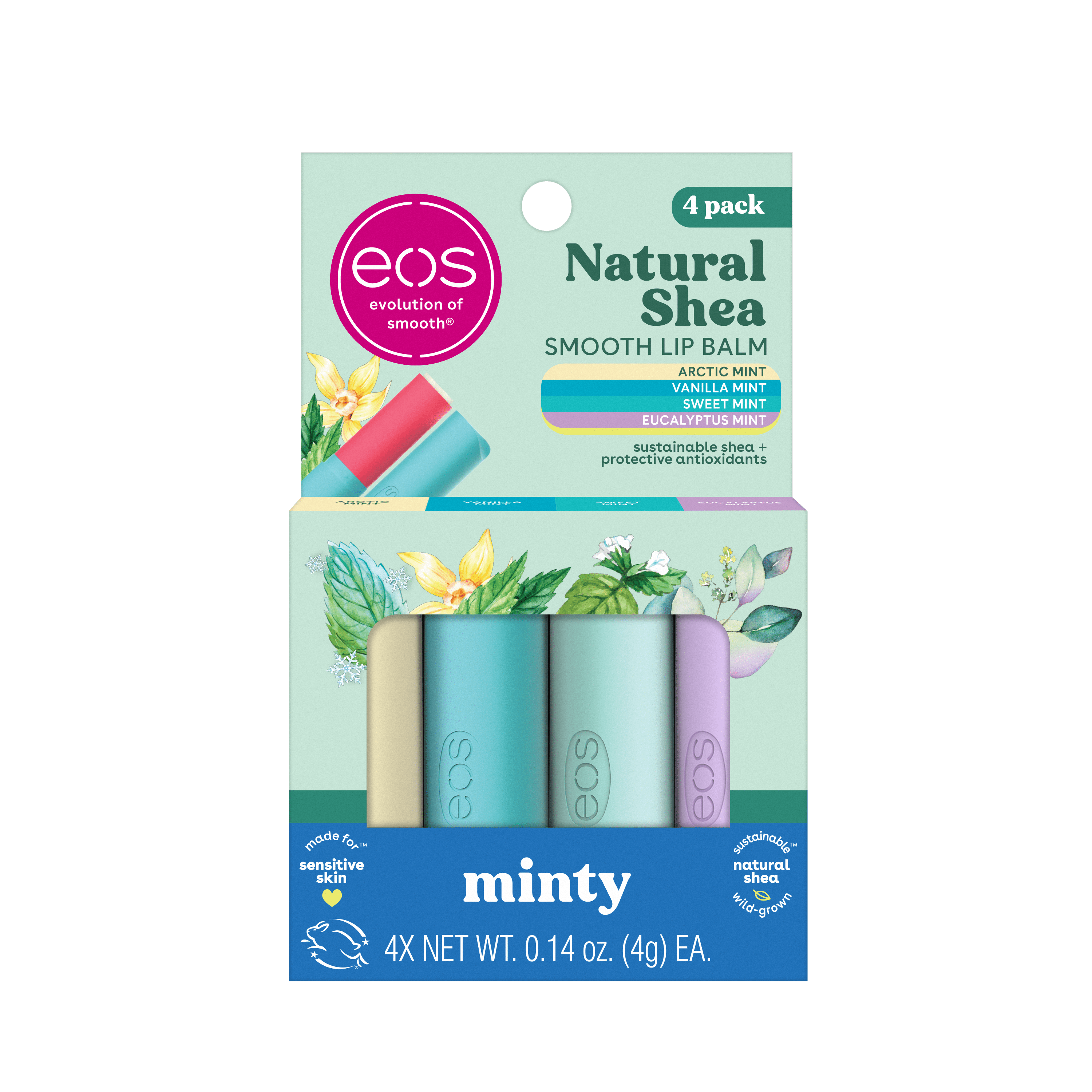 Eos Natural Shea Minty Lip Balm Variety Pack- 0.14 Oz, Pack of 4