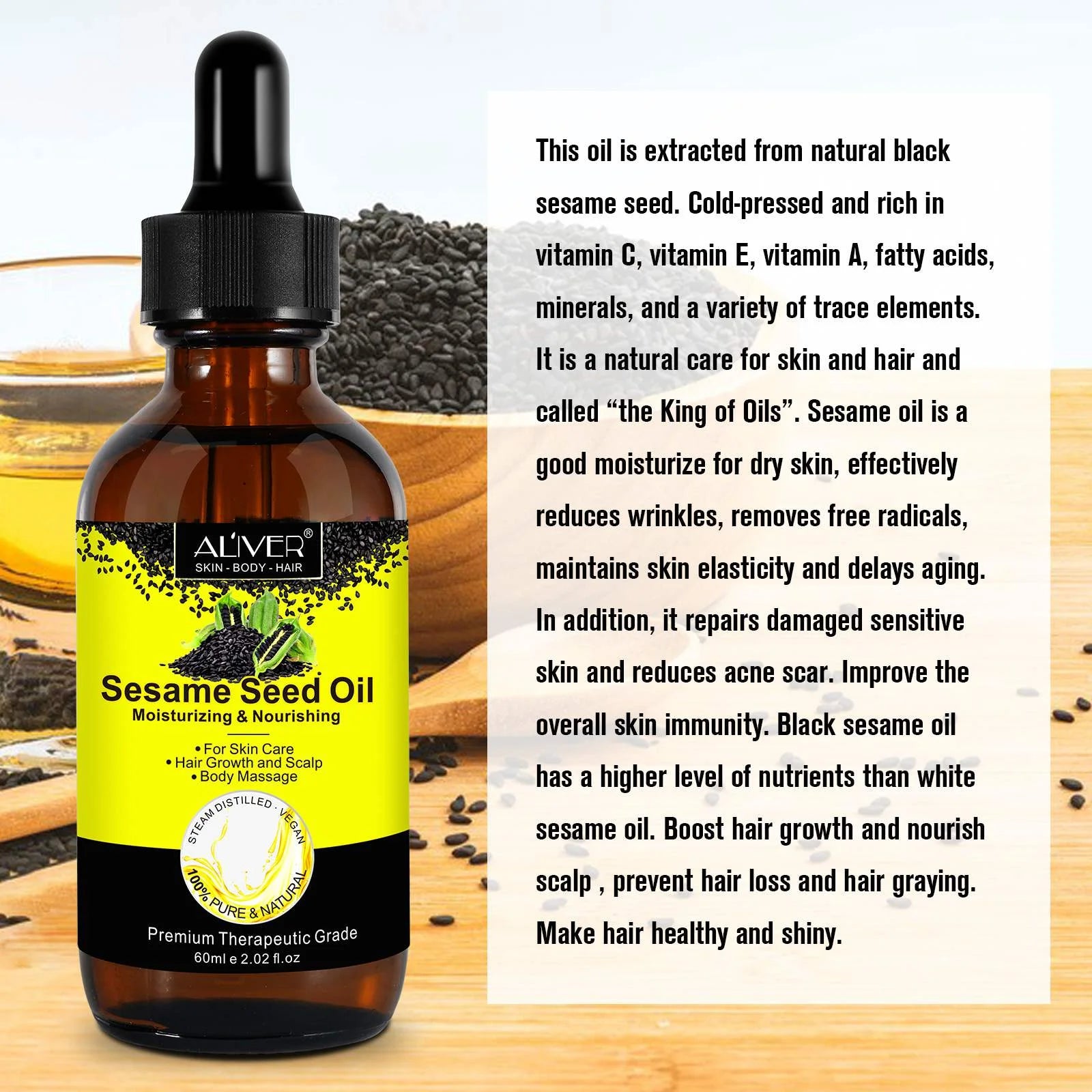 ALIVER Sesame Seed Oil for Face, Skin, Body, Hair, Massage, Moisturizing & Nourishing, 100% Pure & Natural, Cold Pressed, Cruelty Free, 2.02 Fl Oz