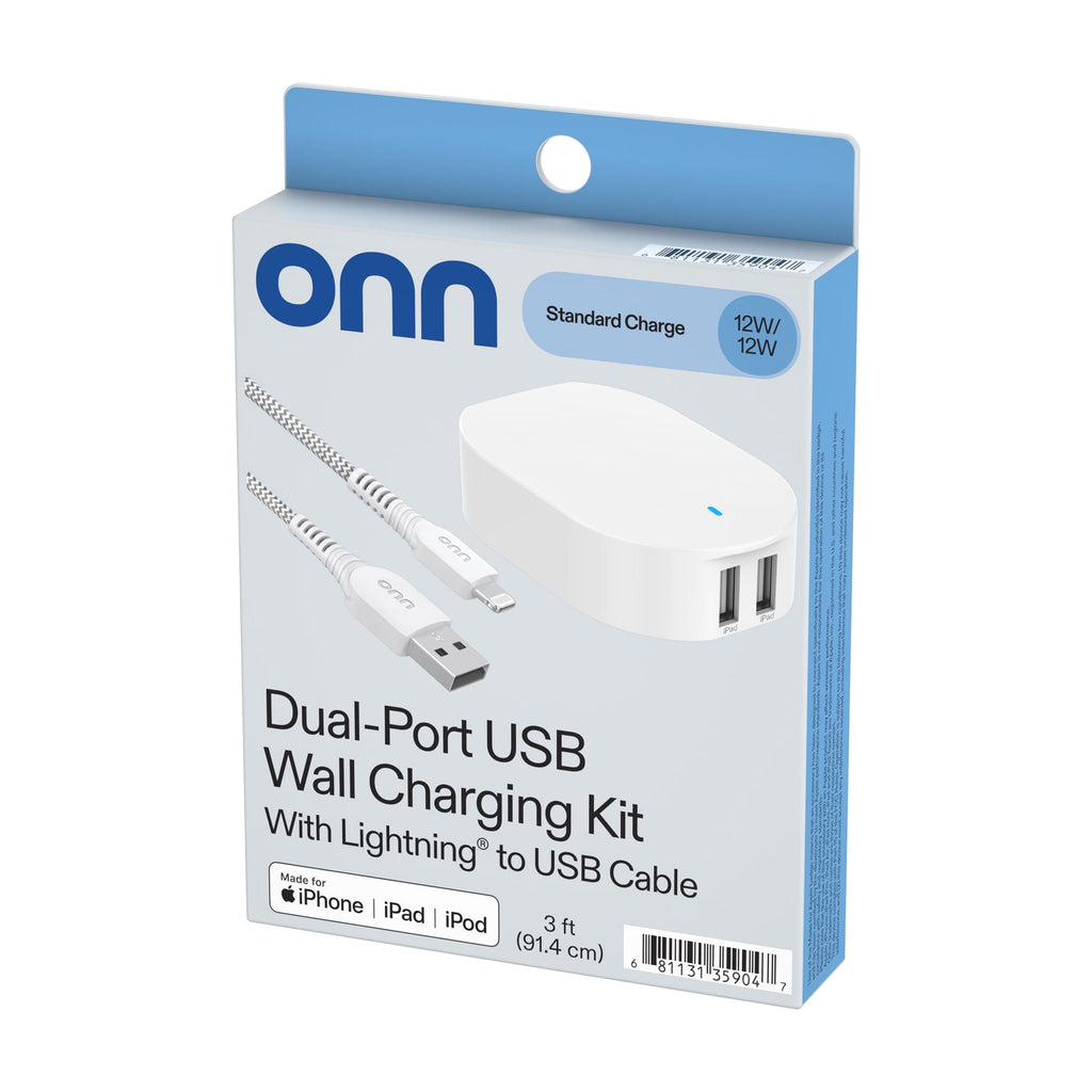 Onn 24W Dual USB-A Port Wall Charger with 3Ft USB-C to USB Cable, Foldable Plug, White - Compatible with Iphone 17/16/15 Series, Samsung Galaxy, Google Pixel, and More