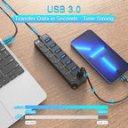 7 Port USB Hub Splitter 3.0 for Laptop Desktop USB Adapter with Individual Switc
