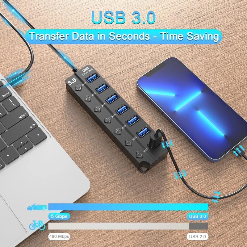7 Port USB Hub Splitter 3.0 for Laptop Desktop USB Adapter with Individual Switc