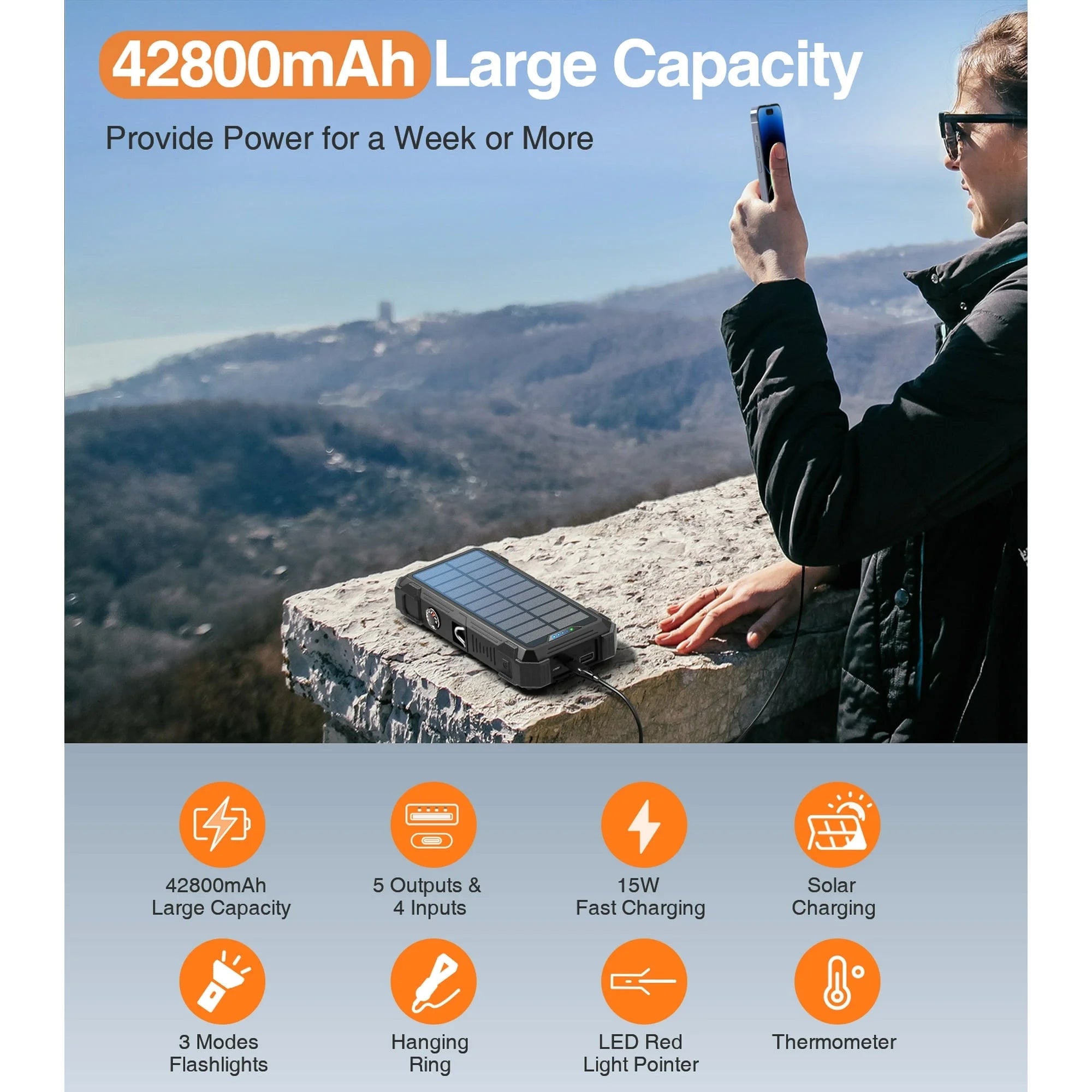 42800Mah Solar Charger Power Bank 15W Fast Charging Portable Charger with 4 Cables, USB Battery Pack Compatible with Iphone & Android Cell Phone