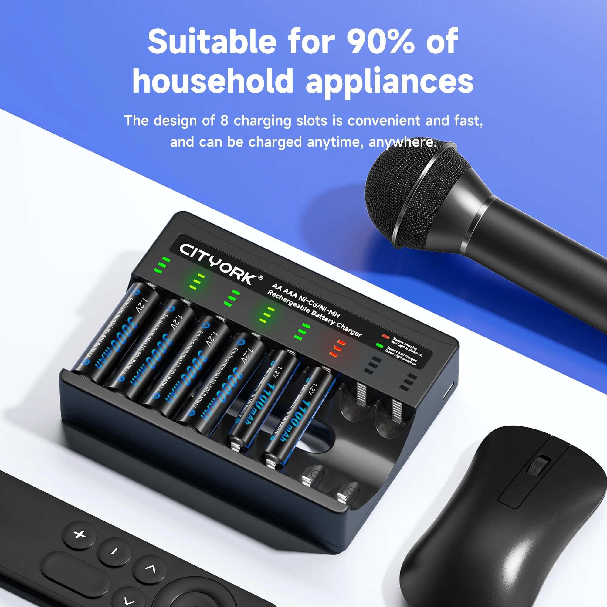 CITYORK 8 Bay Rechargeable Battery Charger with Charging Alert Display，Fast Charging for 1.2V AA AAA Nimh Nicd Rechargeable Batteries with USB Cable