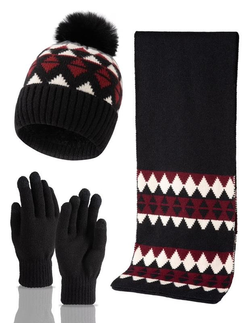 3 PCS Winter Hat Scarf Gloves Set, Long Scarf Neck Warmer Beanie with Pom Pom To