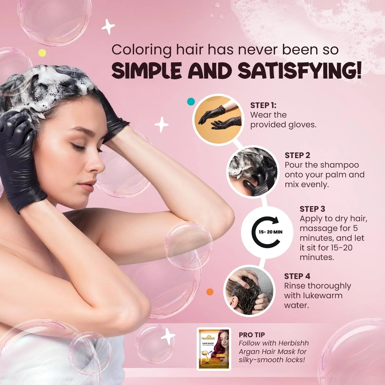 3-In-1 Bubble Foam Hair Dye Shampoo, Dark Brown, 10 Sachets X 24Ml, Ammonia-Free, Long-Lasting Color for Men & Women