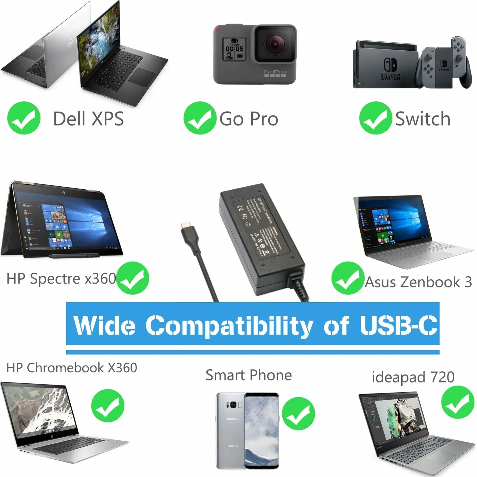 USB-C Power Adapter Charger for Acer Chromebook 15 CB515-1HT-P39B CB515-1HT-C2AE CB515-1HT-P6W6 CB515-1H-C3MD