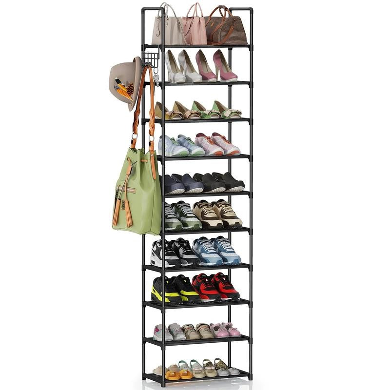 10 Tier Metal Shoes Rack, Narrow Stackable Shoes Shelf with Hooks, Shoe Tower F