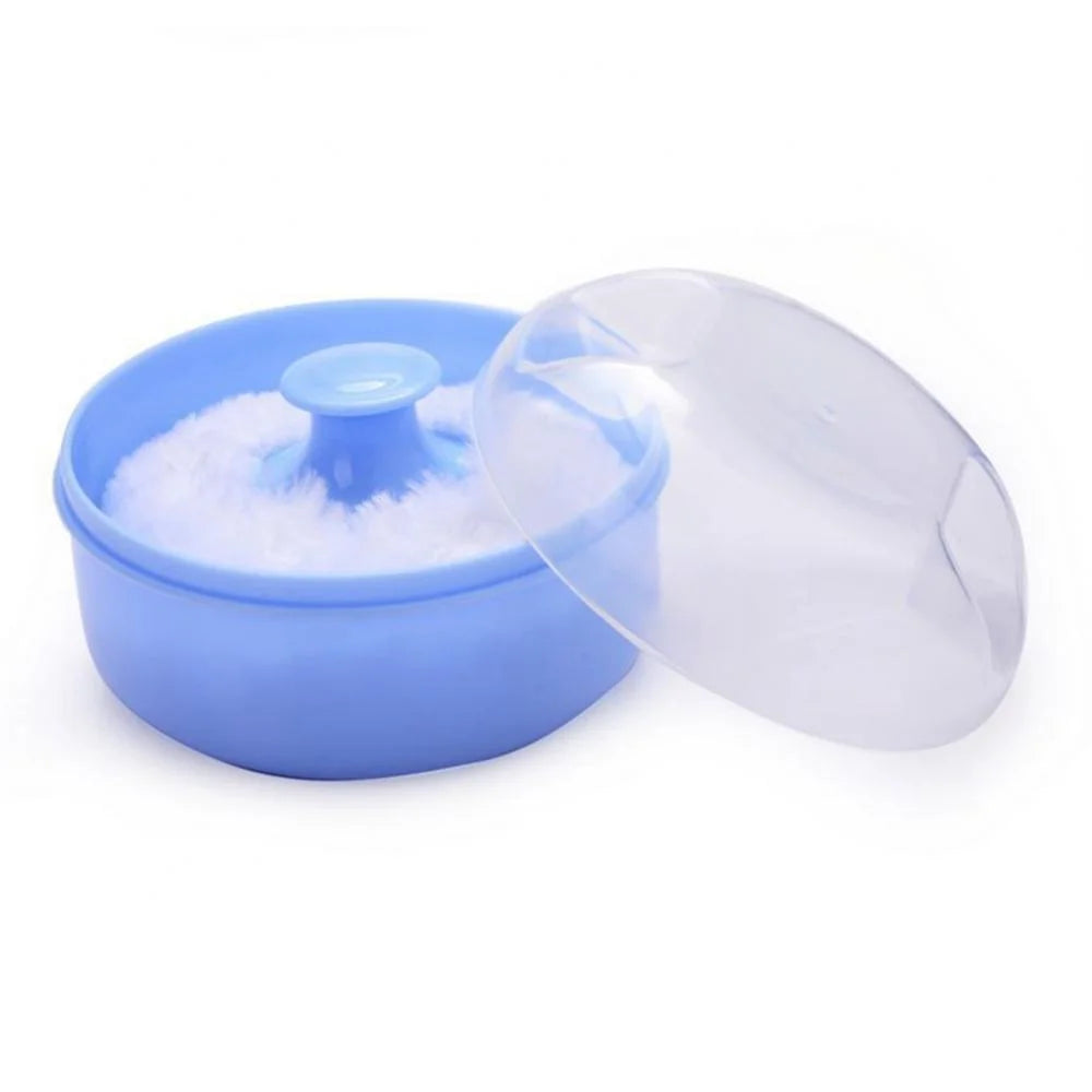 Baby Infant After-Bath Body Powder Case Fluffy Talcum Powder Puff Container Box (Blue)