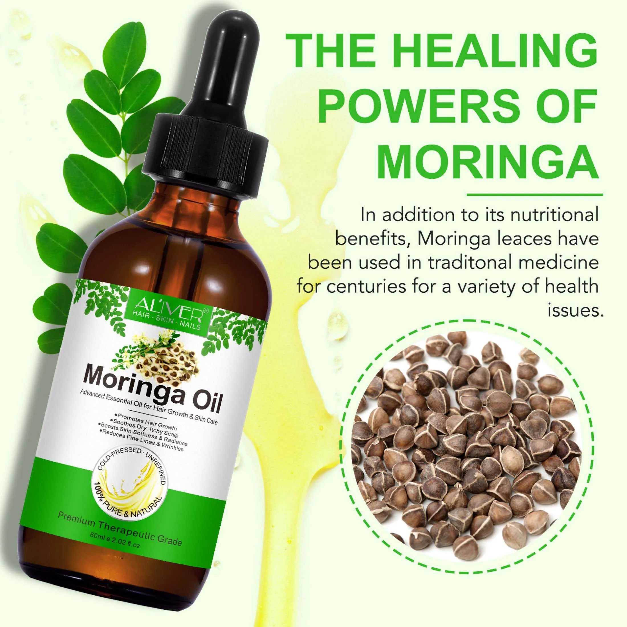 Aliver Moringa Oil 100% Pure & Natural,Reduces Breakage & Split Ends , Cold-Pressed, 2.02Fl.Oz