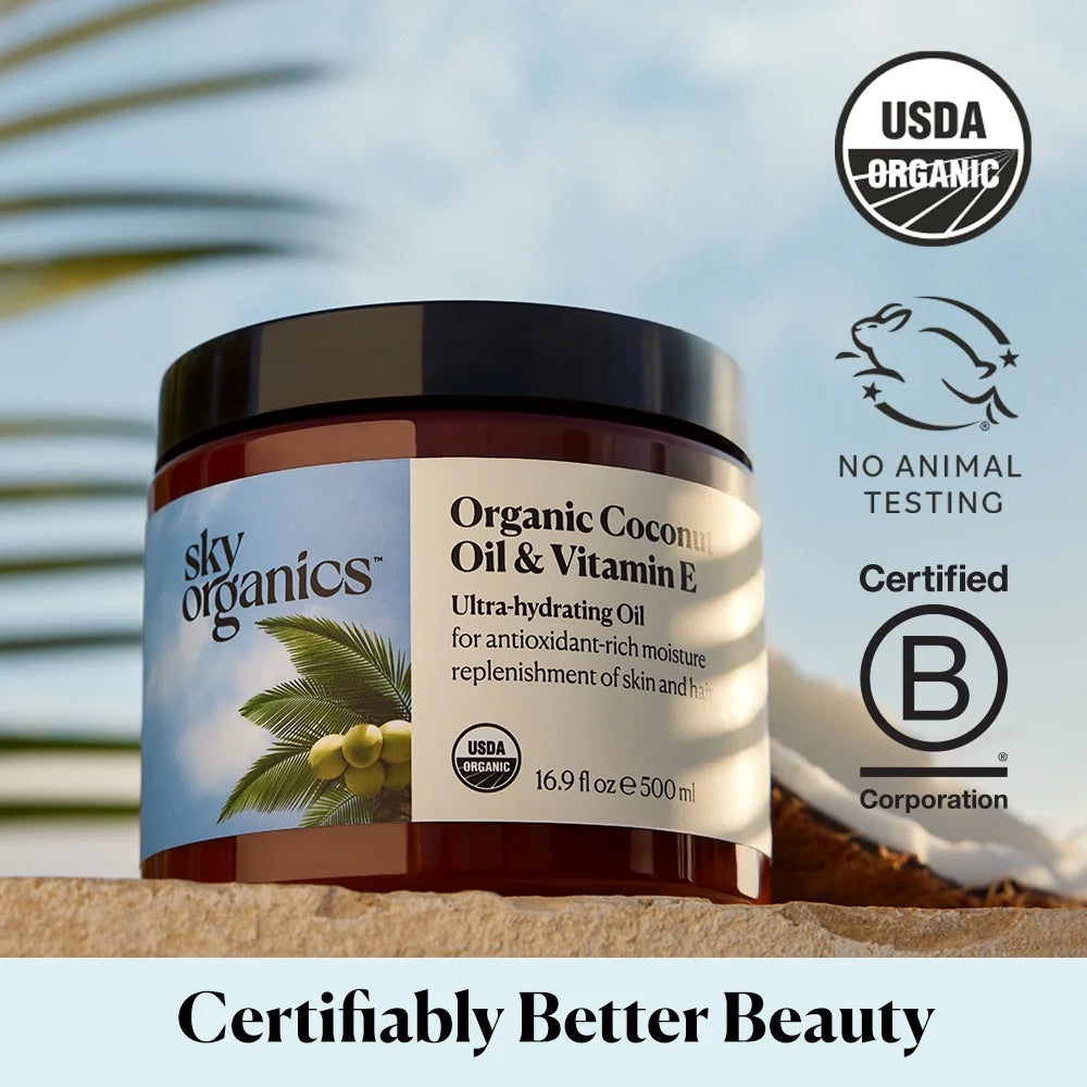 Sky Organics Organic Coconut Oil & Vitamin E Ultra-Hydrating Oil for Hair + Skin, 16.9 Fl Oz