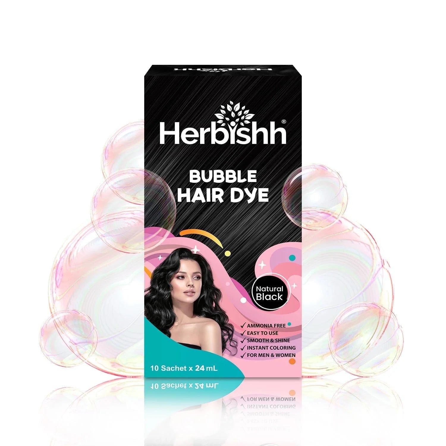 3-In-1 Bubble Foam Hair Dye Shampoo, Black, 10 Sachets X 24Ml, Ammonia-Free, Long-Lasting Color for Men & Women