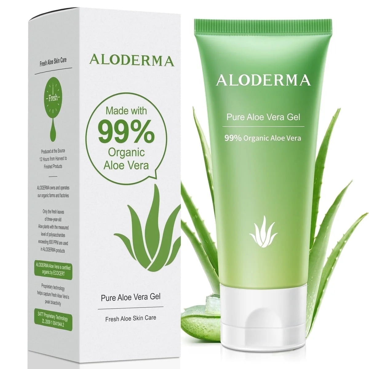 Aloderma 99% Organic Aloe Vera Gel, Made within 12 Hours of Harvest (1.5 Oz), No Sticky Residue - No Powder Concentrates or Water, Eco-Friendly, Travel Size, Aloe Vera Gel for Skin & after Sun Relief