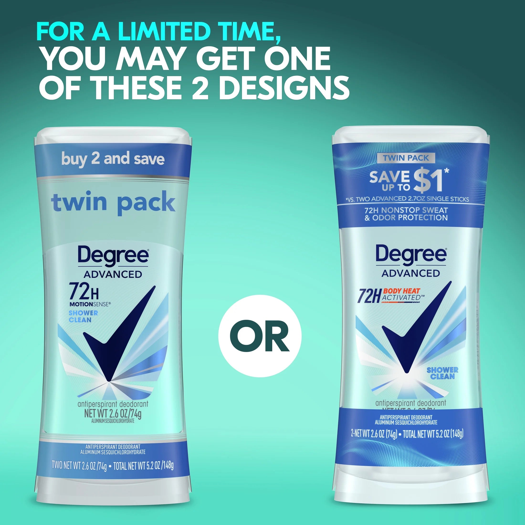 Advanced Women'S Antiperspirant Deodorant Stick Twin Pack Shower Clean, 2.6 Oz