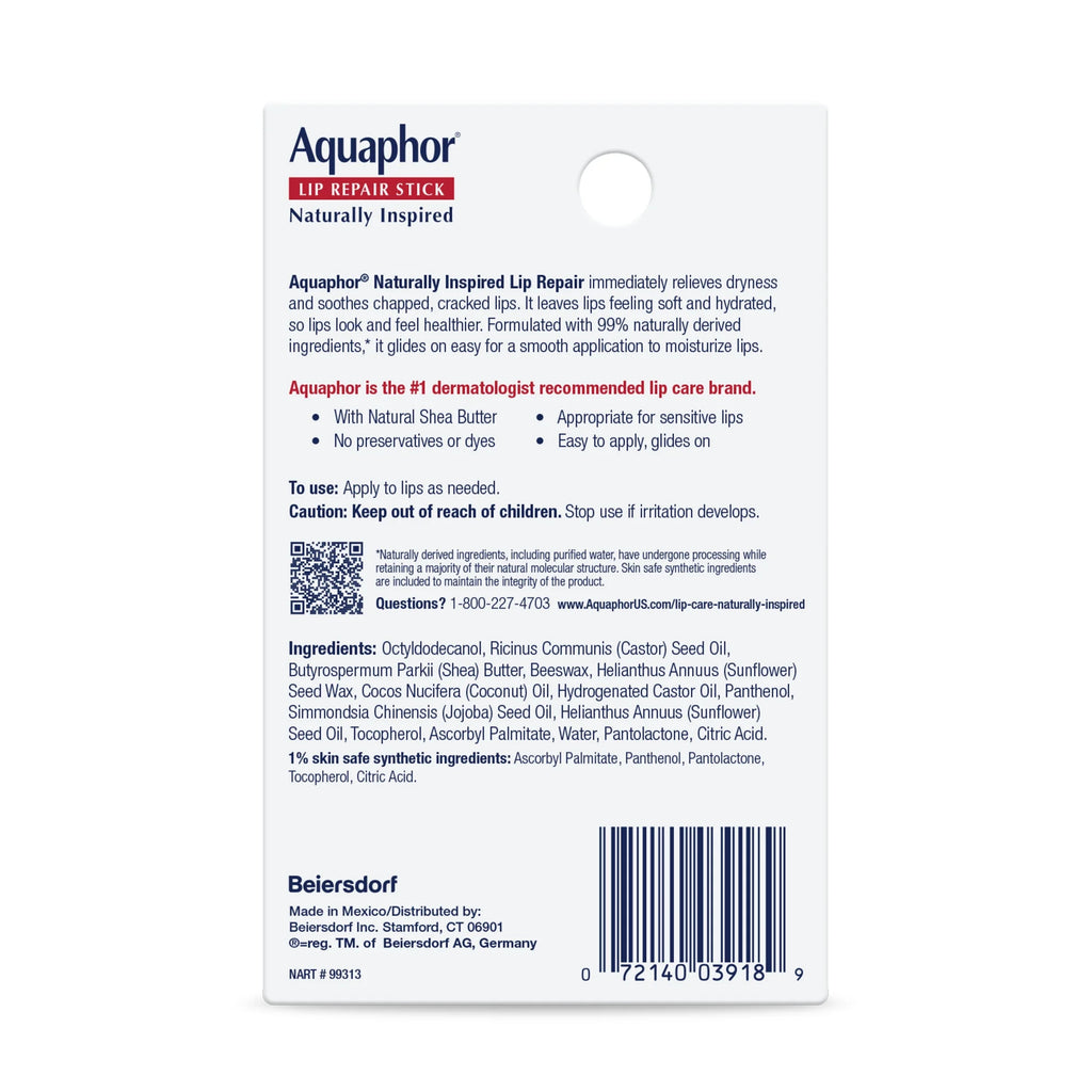 Aquaphor Naturally Inspired Lip Repair Sticks, Lip Balm with Coconut Oil, Pack of Two 0.17 Oz Sticks