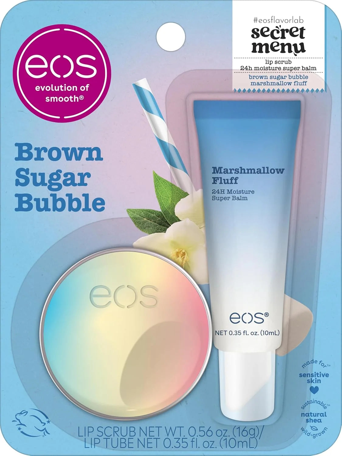 Eos Secret Menu Gift Set - Brown Sugar Bubble Lip Scrub & Marshmallow Fluff Balm, Limited-Edition Lip Treatment 2-Pack