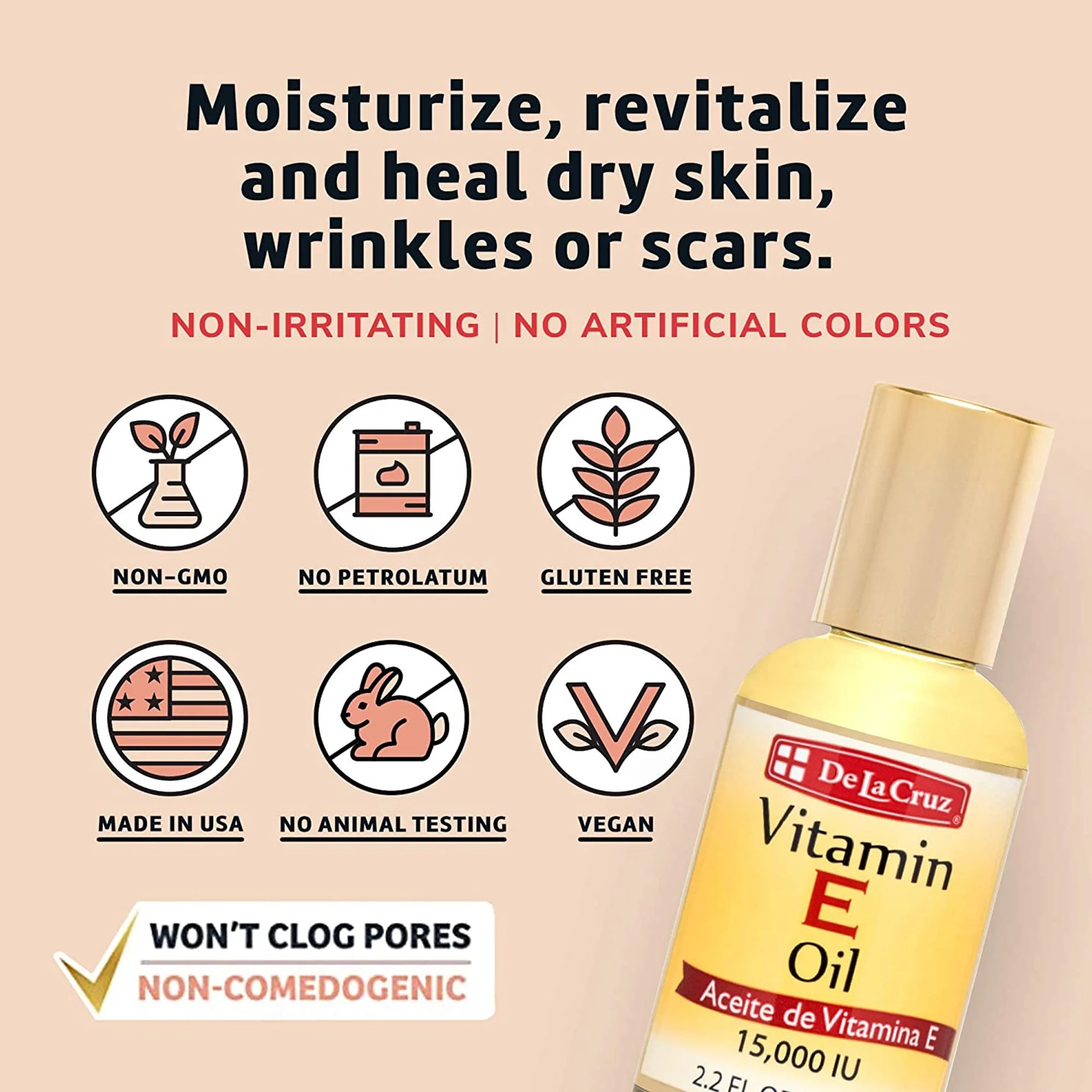 De La Cruz Vitamin E Oil, with Safflower for Skin, Hair, Face and Body, 15,000 IU, 2.2 FL Oz