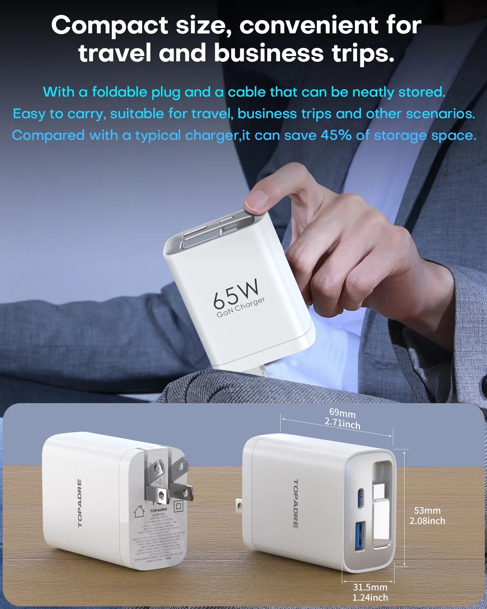 65W Gan Charger with Built-In 3.5Ft Retractable Cable, 3-Port PD Fast Charging Compatible with Iphone/Samsung Series -White