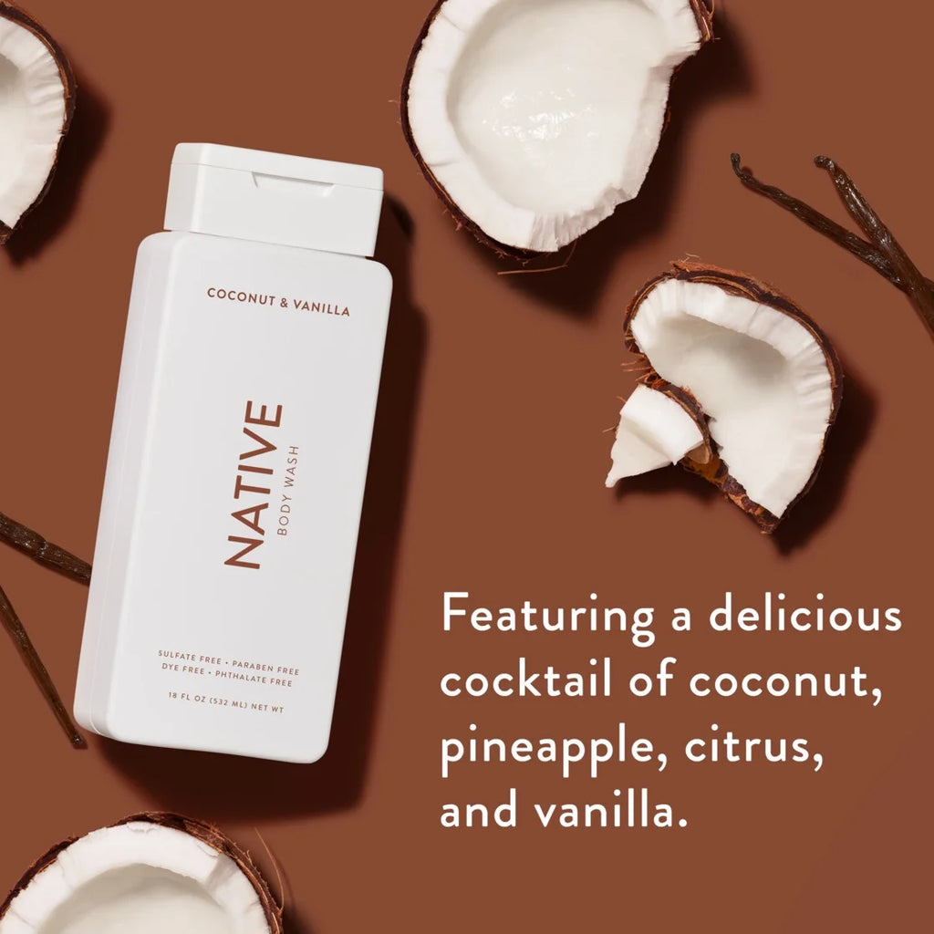 Native Body Wash, Sulfate Free, Coconut & Vanilla, for Women and Men, 18 Oz