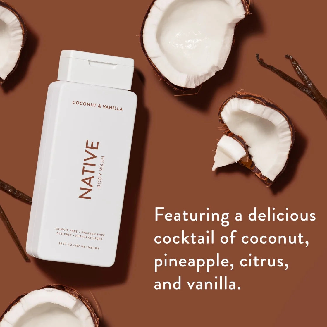 Native Body Wash, Sulfate Free, Coconut & Vanilla, for Women and Men, 18 Oz