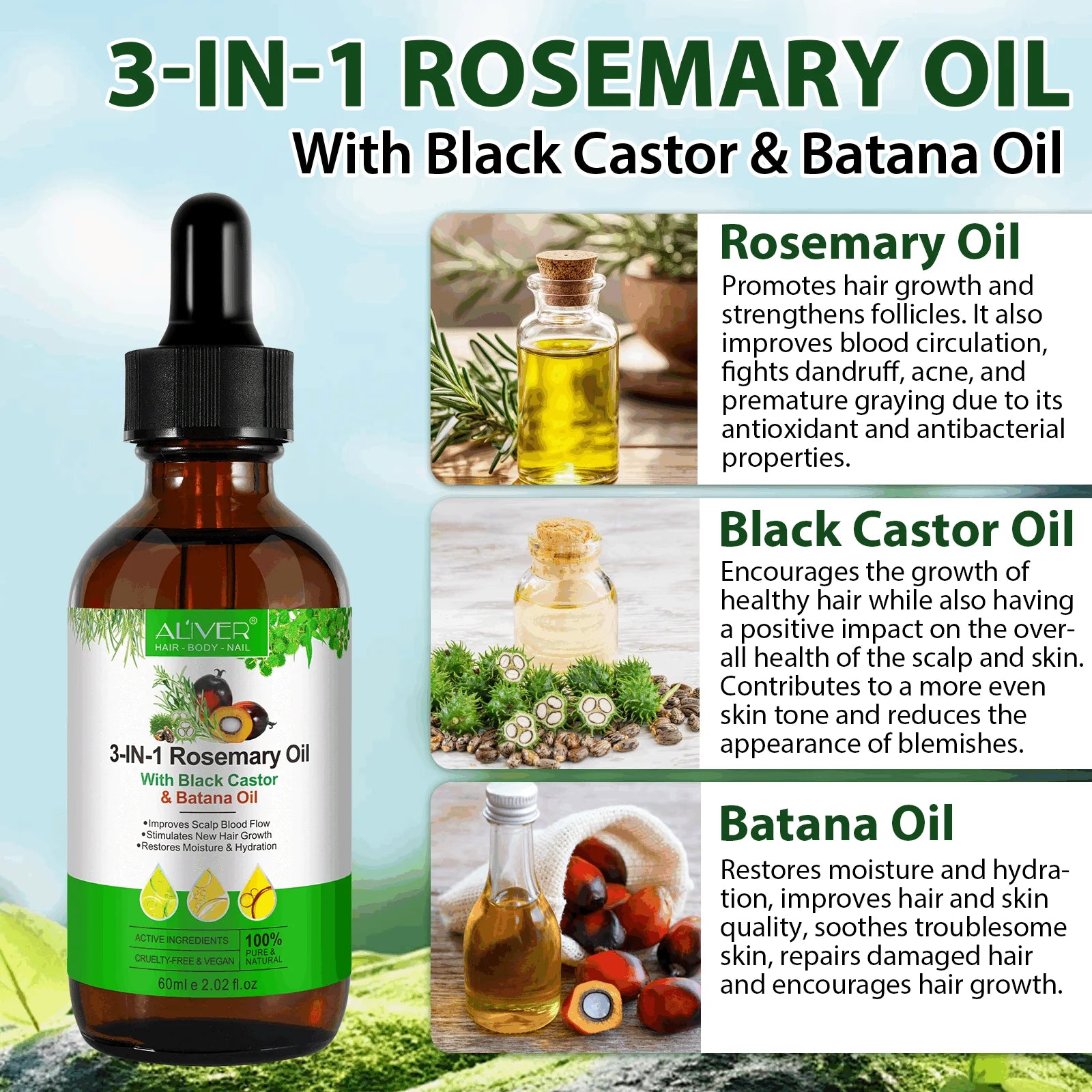 3-IN-1 Rosemary Oil with Black Castor & Batana Oil, 100% Pure & Natural, Hair Care & Skin Care, Organic Cold-Pressed, Cruelty-Free & Vegan, 2.02 Fl Oz