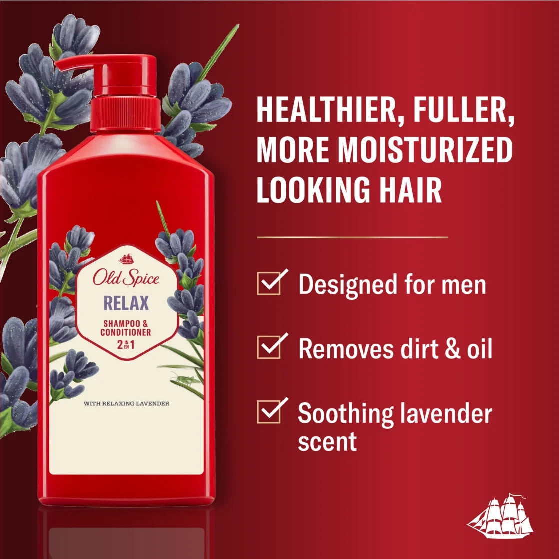 Old Spice Relax 2 in 1 Shampoo Conditioner, All Hair Types, Lavender, 21.9 Fl Oz