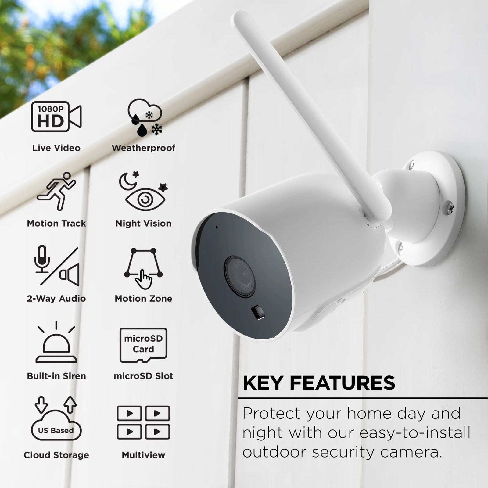 1080P Outdoor Security Camera - Weatherproof, Night Vision, Wi-Fi 2.4 Ghz, White
