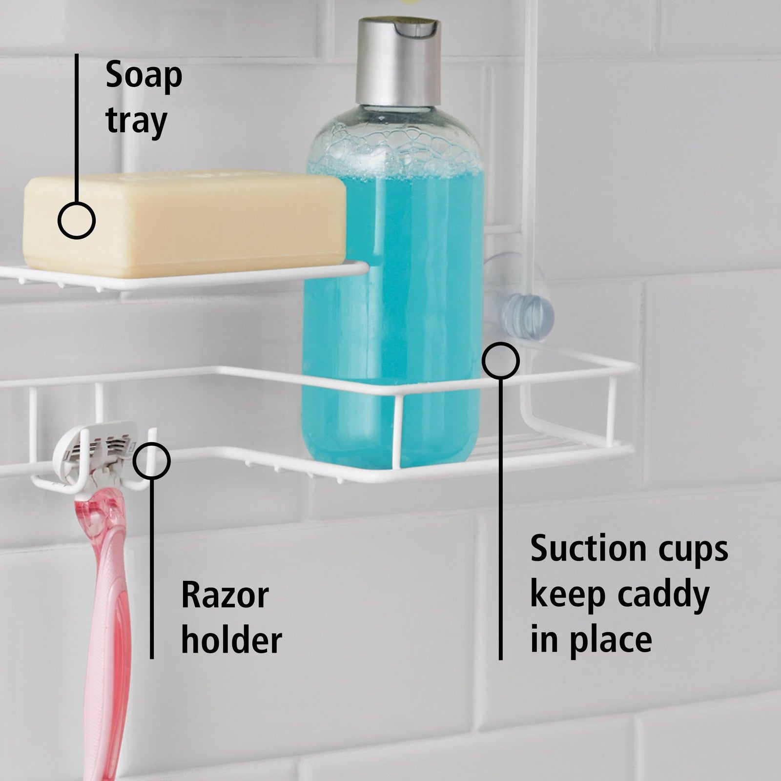 Basic Hanging Shower Caddy with 2 Shelves and Soap Tray, White