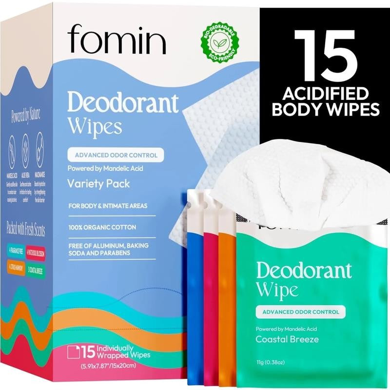 Acidified Travel Deodorant Wipes for Women & Men - 15 Count - Variety Pack - Ph