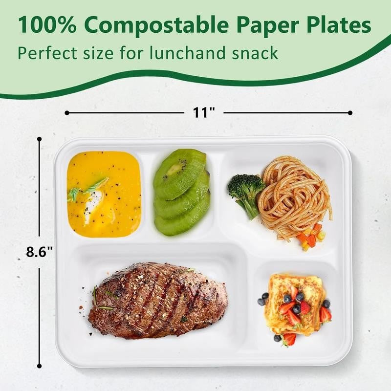 100 Pack Disposable Compartment Paper Plates, 100% Compostable 5 Compartment Pla