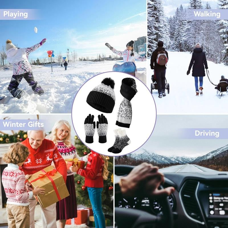 4 Pcs Women Winter Hat Scarf Gloves Socks Set Knitted Beanie Cap Touchscreen Glo