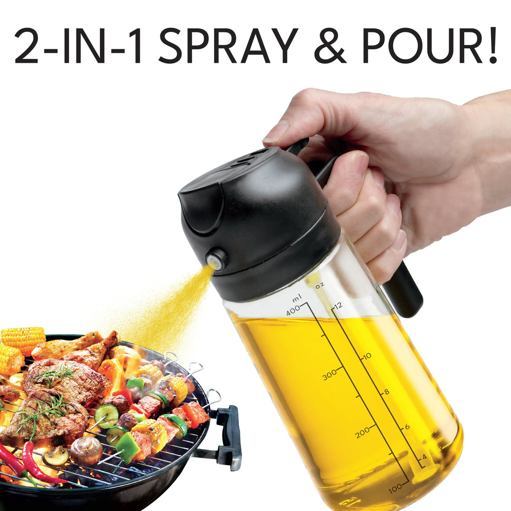 2-In-1 Oil Spray & Pour Dispenser, Leakproof and Refillable Glass Bottle for Coo